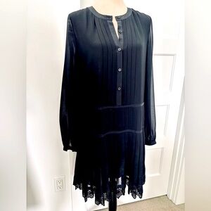 Tory Burch Black Drop Waist Pleated Long Sleeve Sydney Dress